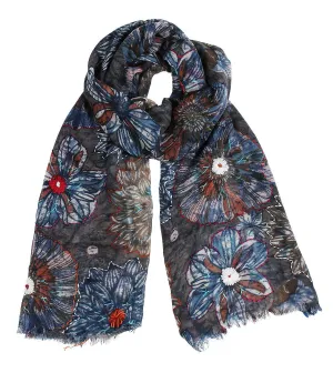 Van Gogh Floral Hand Embroidered Natural Soft Wool Scarf