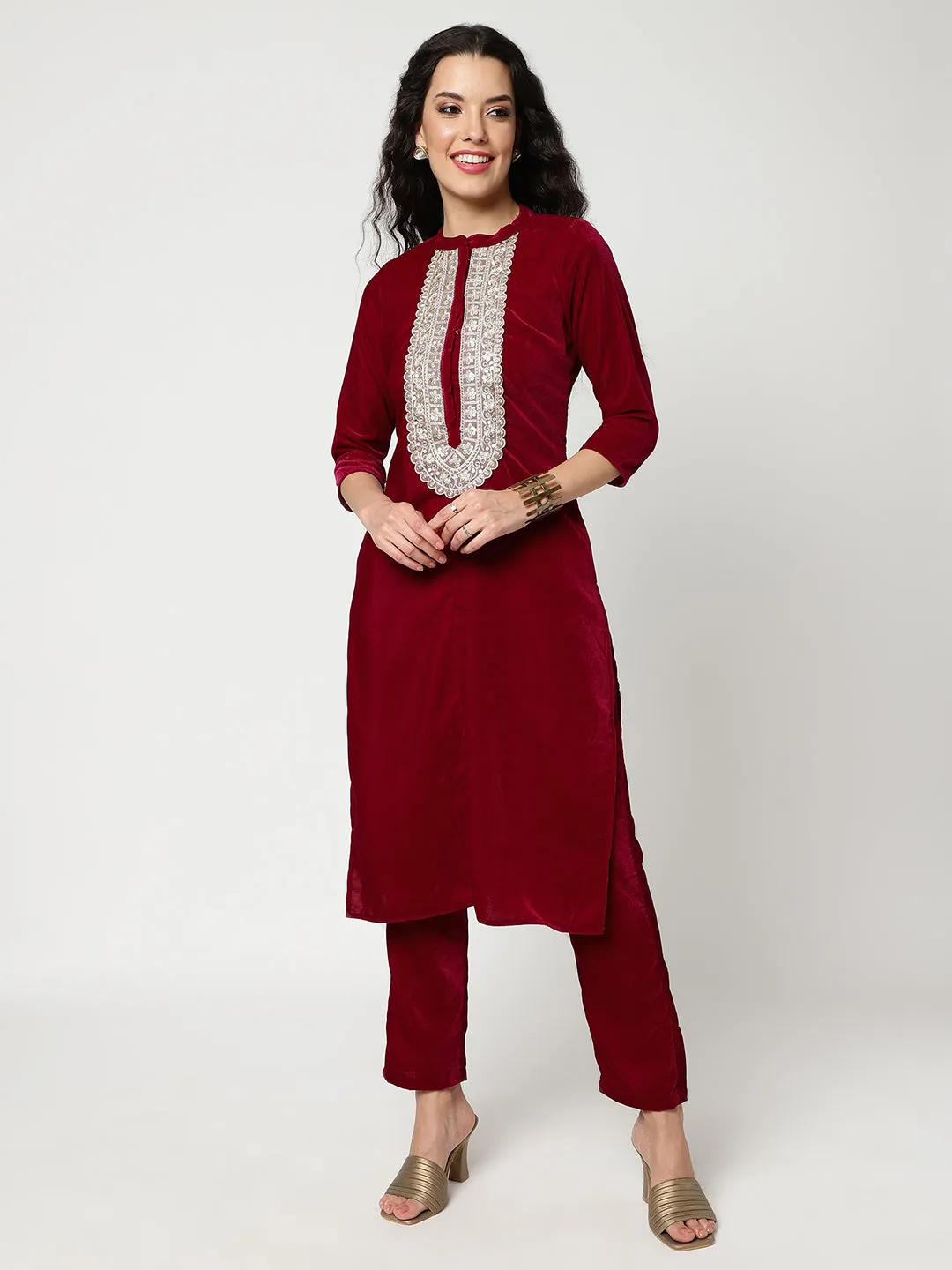 Velvet U-Shape Lace Patch Kurta With Straight Pant Set (Set Of 2)