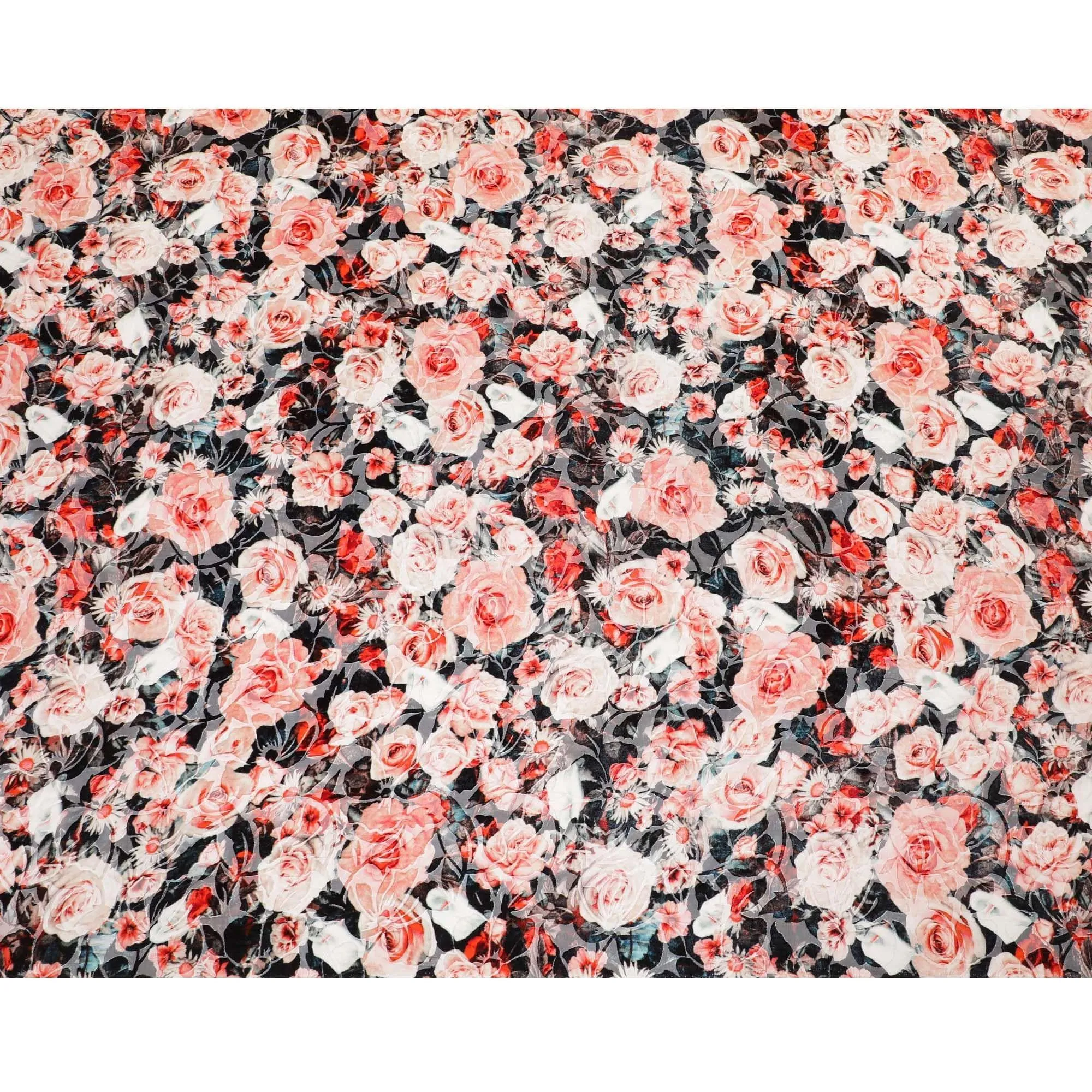 White Premium Italian silk chiffon dirac with black, orange and crimson red print having same tone velvet jacquard in floral design-D8688