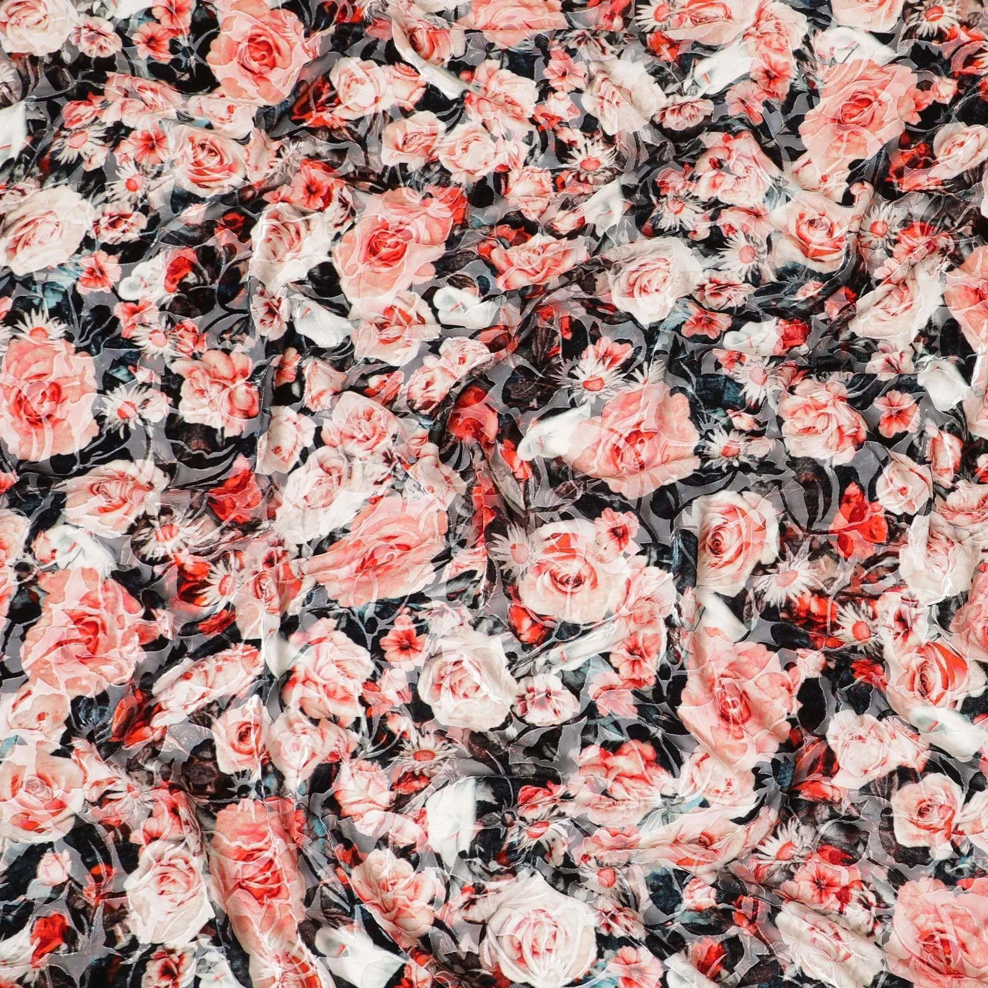 White Premium Italian silk chiffon dirac with black, orange and crimson red print having same tone velvet jacquard in floral design-D8688