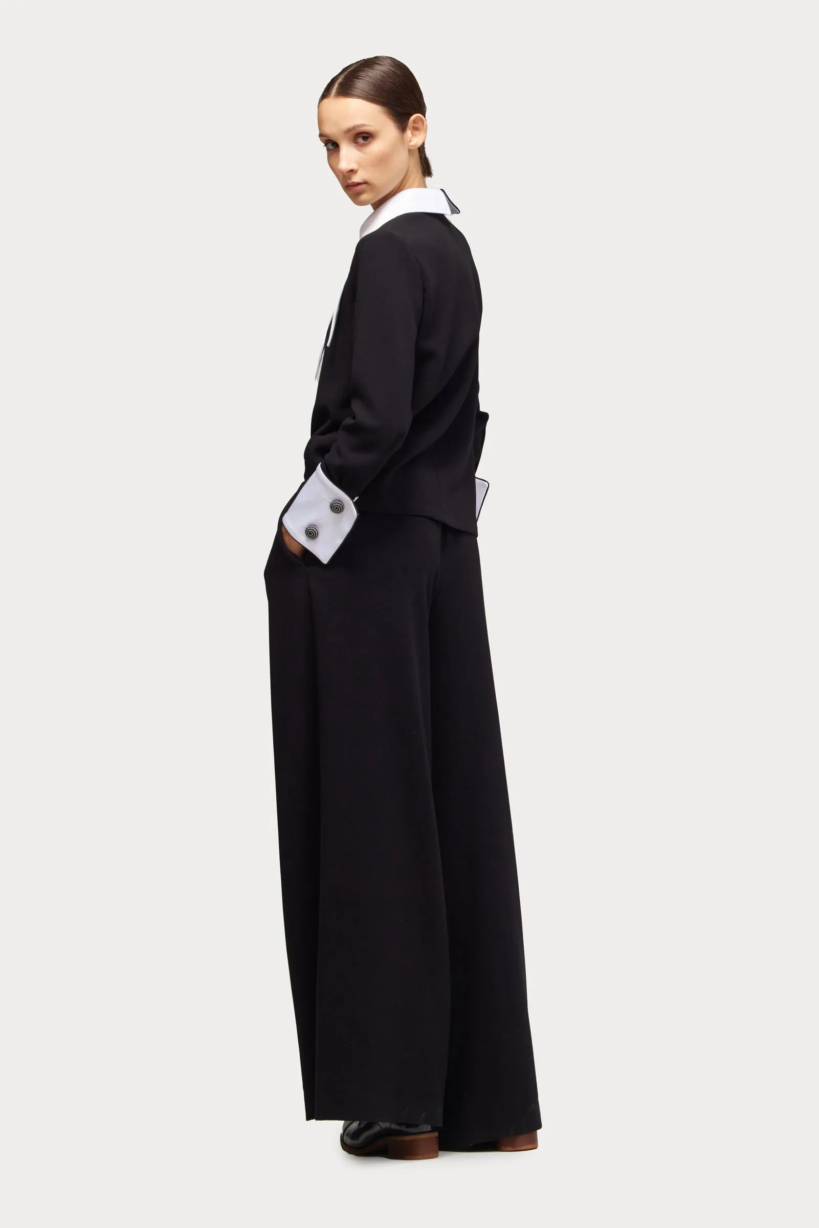 Wide-Leg Black Trousers With Contrasting Waistband White