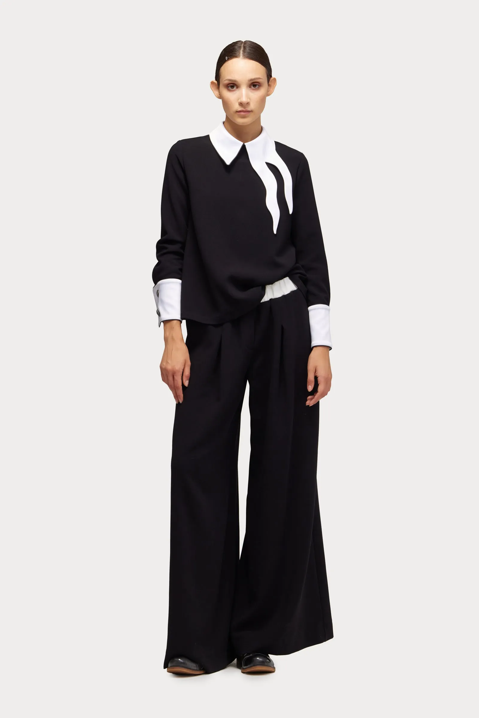 Wide-Leg Black Trousers With Contrasting Waistband White