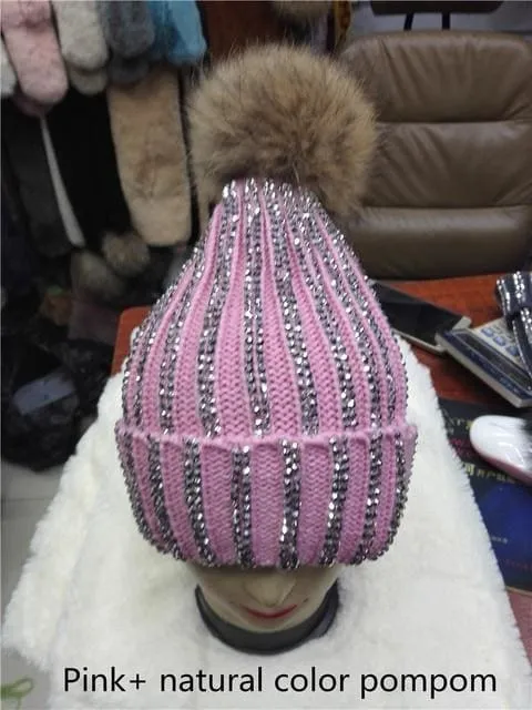 Winter Warm Fur Pom pom Knitted Hats