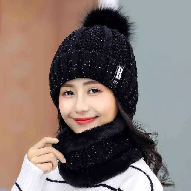 Women's knitted Beanies and Thick Warm Neck Scarf Set