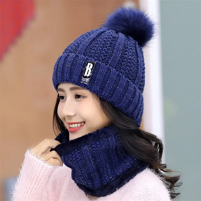 Women's knitted Beanies and Thick Warm Neck Scarf Set