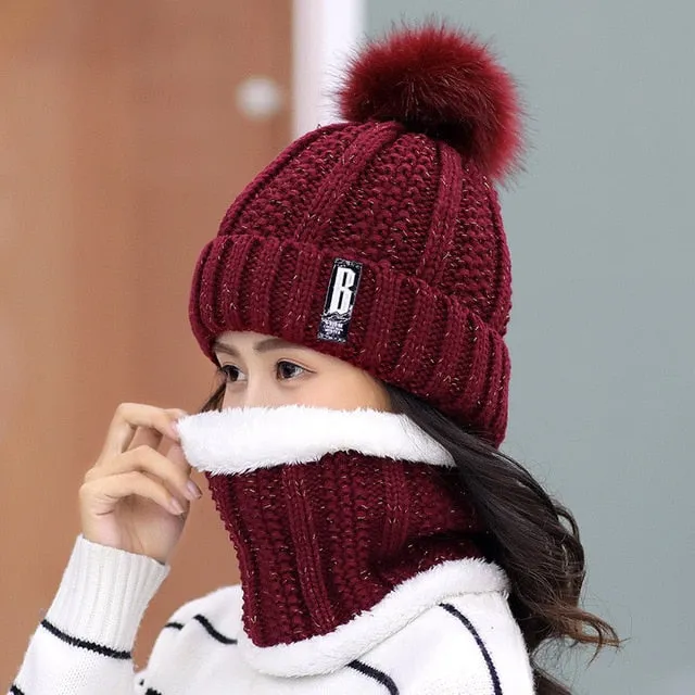 Women's knitted Beanies and Thick Warm Neck Scarf Set