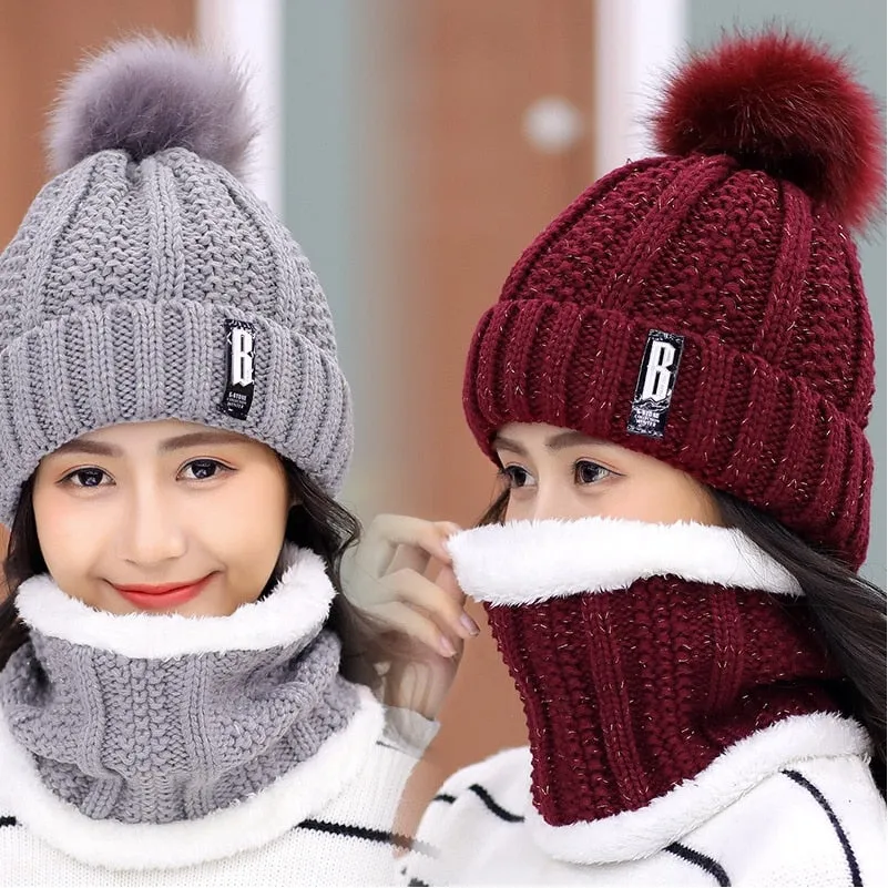 Women's knitted Beanies and Thick Warm Neck Scarf Set