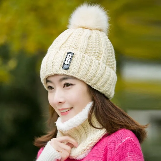 Women's knitted Beanies and Thick Warm Neck Scarf Set