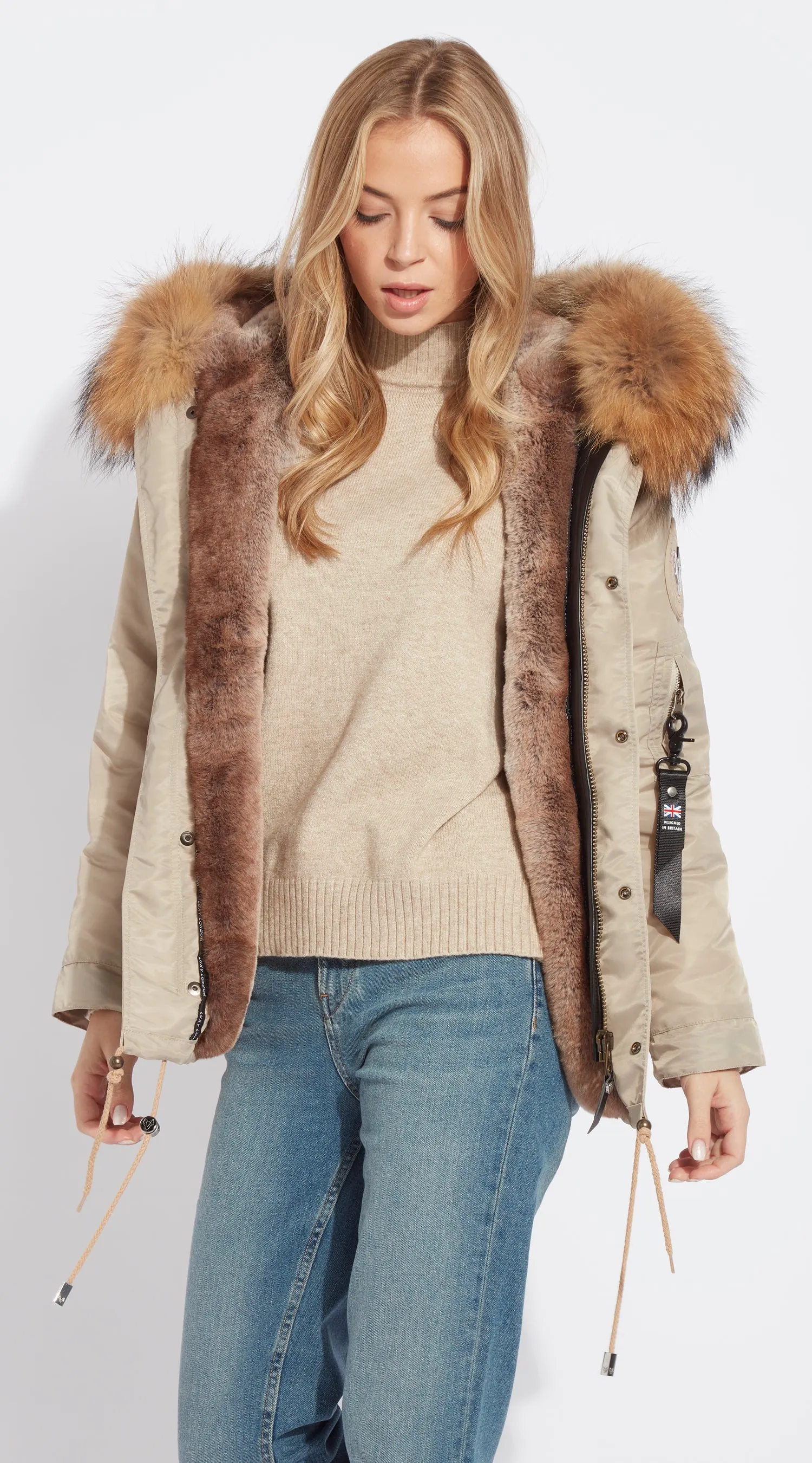 Womens Nude Water-Repellent Luxy Fur Parka - Natural